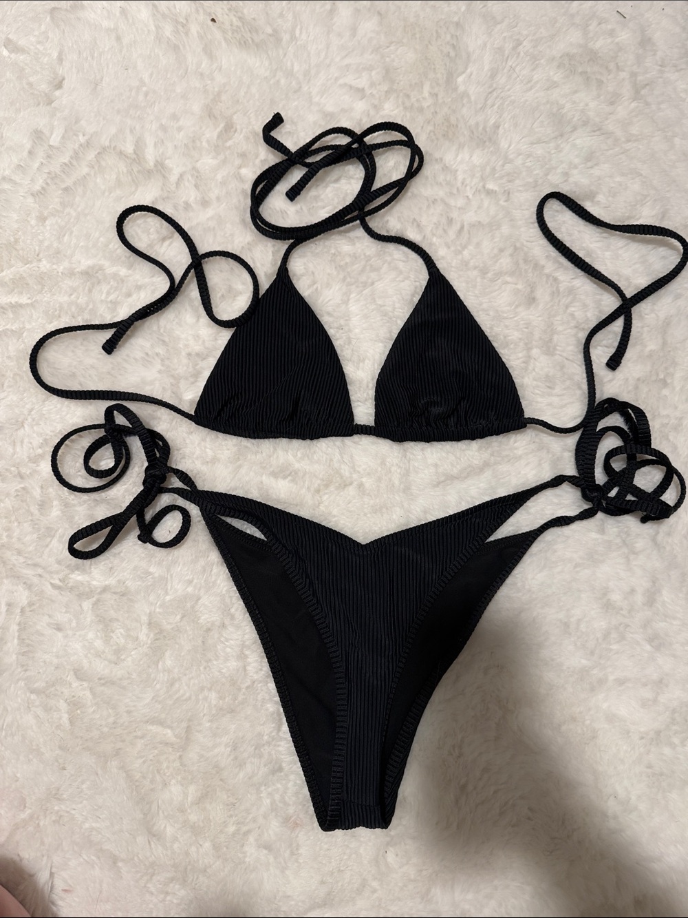 Frankie's Bikinis Black Ribbed Triangle String Bikini